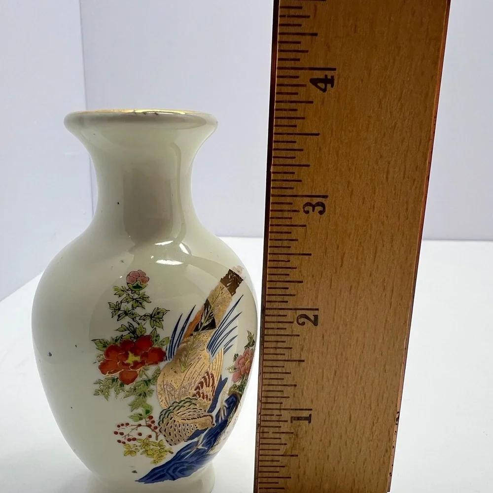 Vintage Bud Vase Pheasant Floral Gold Trim Chinoiserie Decor Grandmillennial